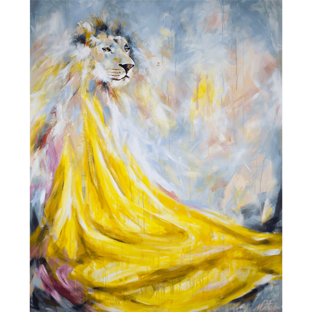 

The Lion by Mindi Oaten, showing a white lion above flowing golden fabric.