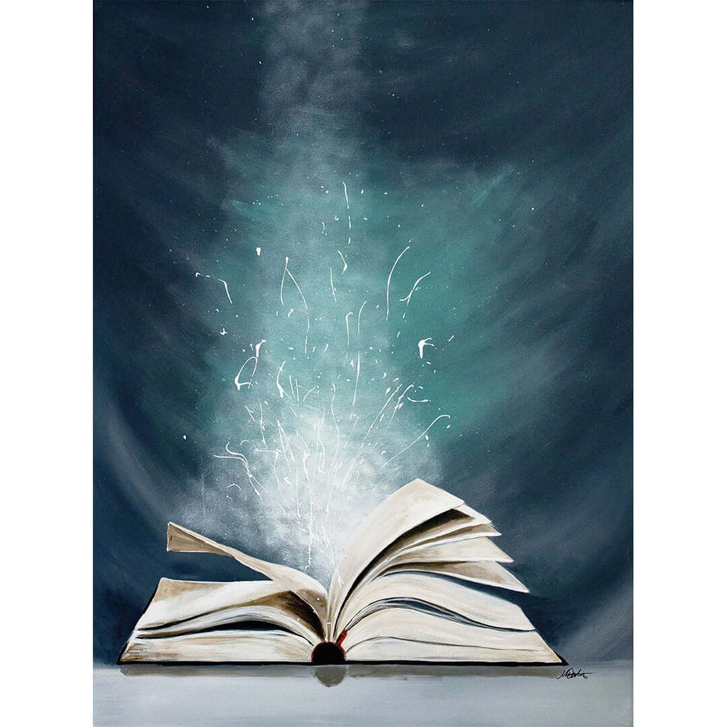 

The Living Word II by Mindi Oaten, showing an open book releasing fine white light into a dark teal background.