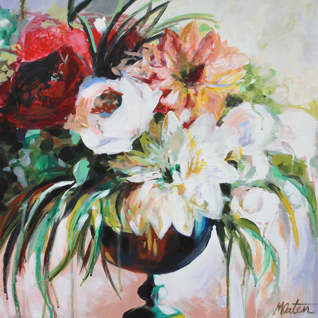 

The Manor House by Mindi Oaten, showing red, white and peach flowers with cascading green leaves in a dark vase.
