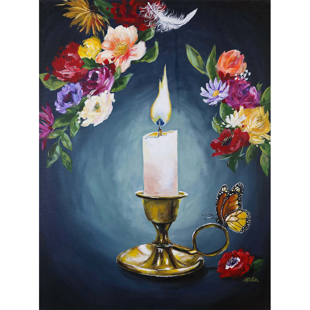 

The Oil and The Light by Mindi Oaten, showing a lit candle in a brass holder beneath a wreath of flowers and butterflies.