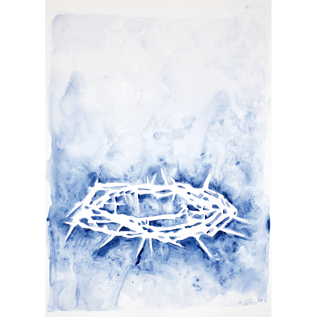 

The Passion by Mindi Oaten, showing a white crown of thorns against blue watercolor washes.