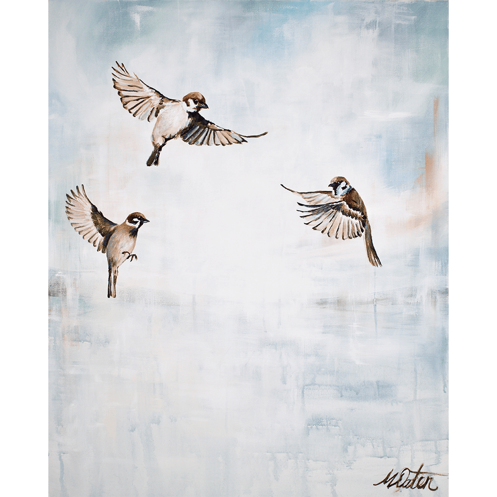 

The Sparrows by Mindi Oaten, showing three small birds flying against a pale blue sky.