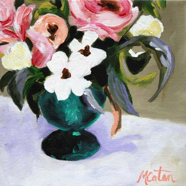 

Touch of Romance by Mindi Oaten, showing pink, white and coral flowers in a green pedestal vase.