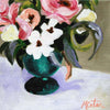 

Touch of Romance by Mindi Oaten, showing pink, white and coral flowers in a green pedestal vase.