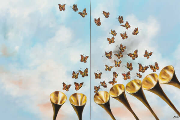 

A Call to Renaissance by Mindi Oaten: two coordinated artworks with golden trumpets and rising monarch butterflies.