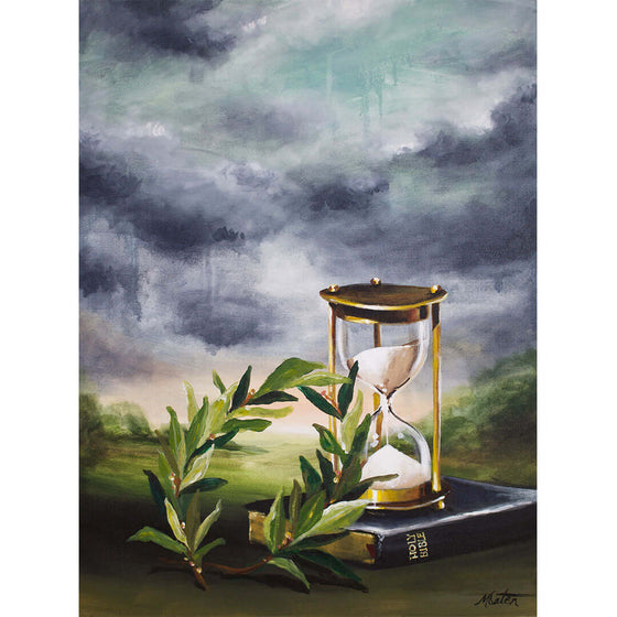 

Victory by Mindi Oaten, showing an hourglass beside olive branches and a closed book beneath storm clouds.