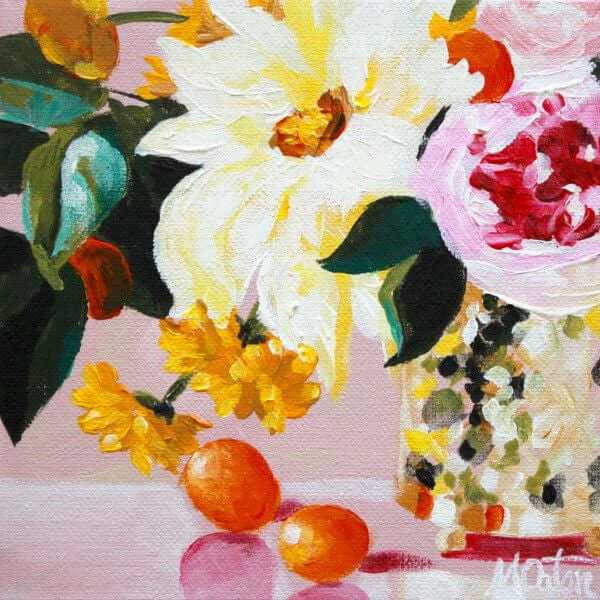 

Citrus & Pink by Mindi Oaten, showing white and pink flowers with citrus fruit beside a vase.