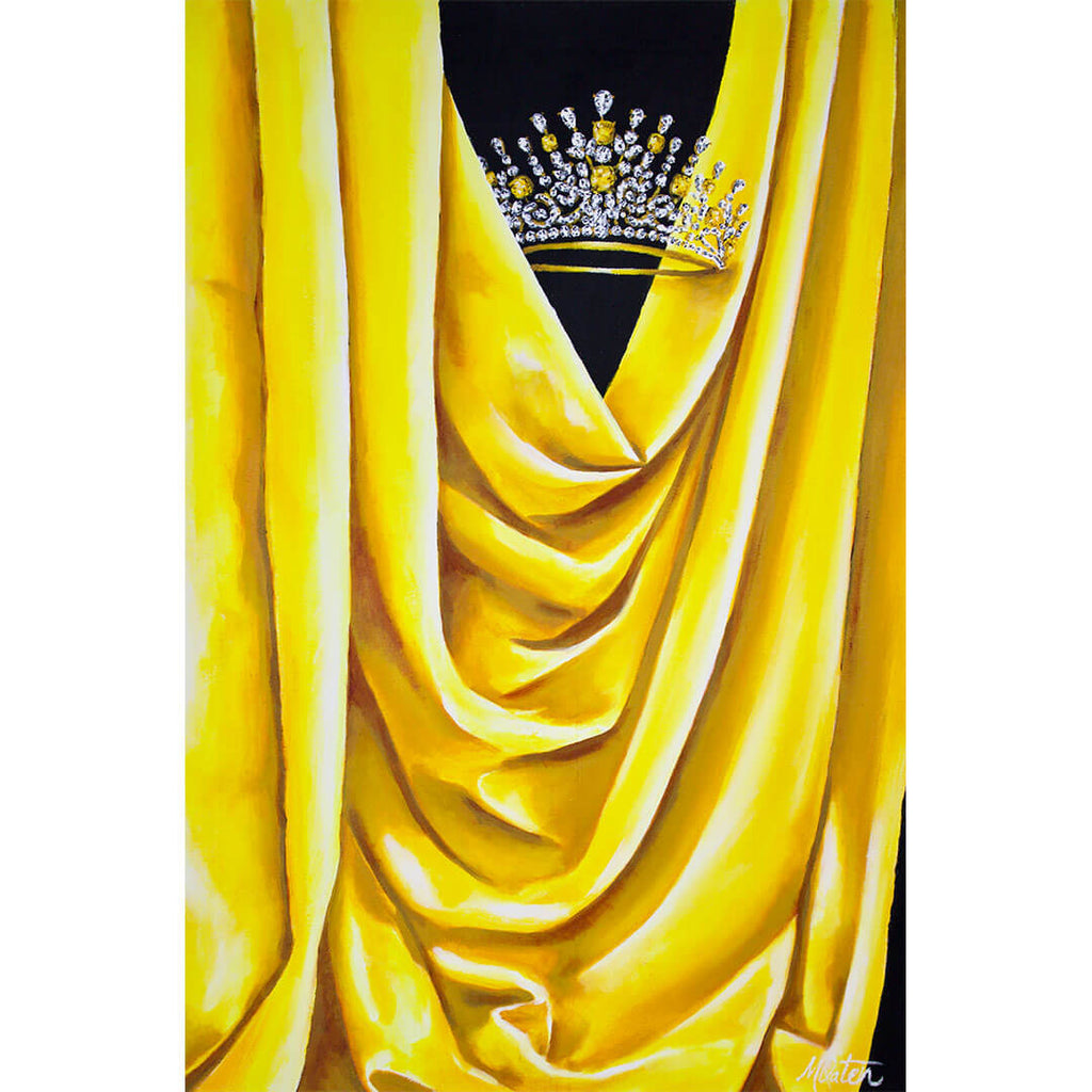 

Yellow Mantle by Mindi Oaten, showing a golden crown between folds of bright yellow fabric.